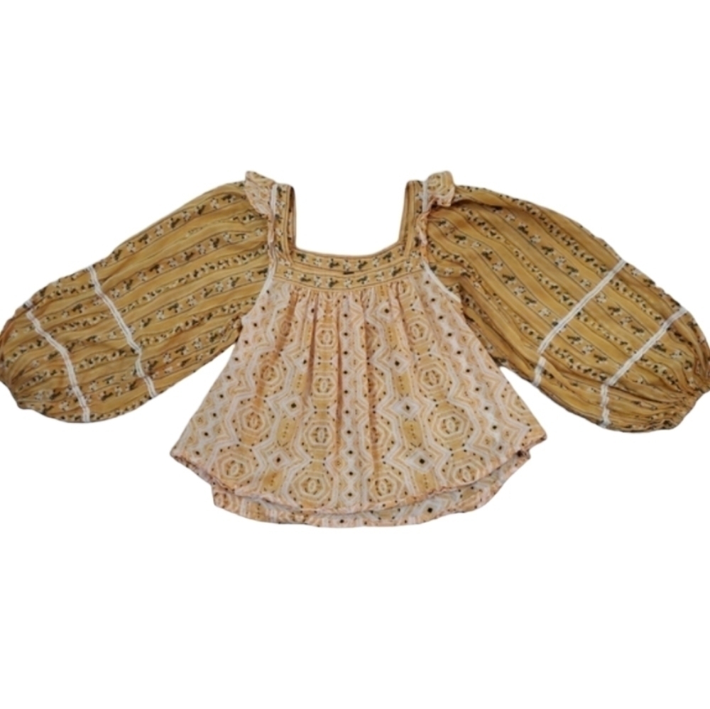 Free People~Woman S~Ochre Yellow Boho Tunic Smocked Henley CropTop Cotton.